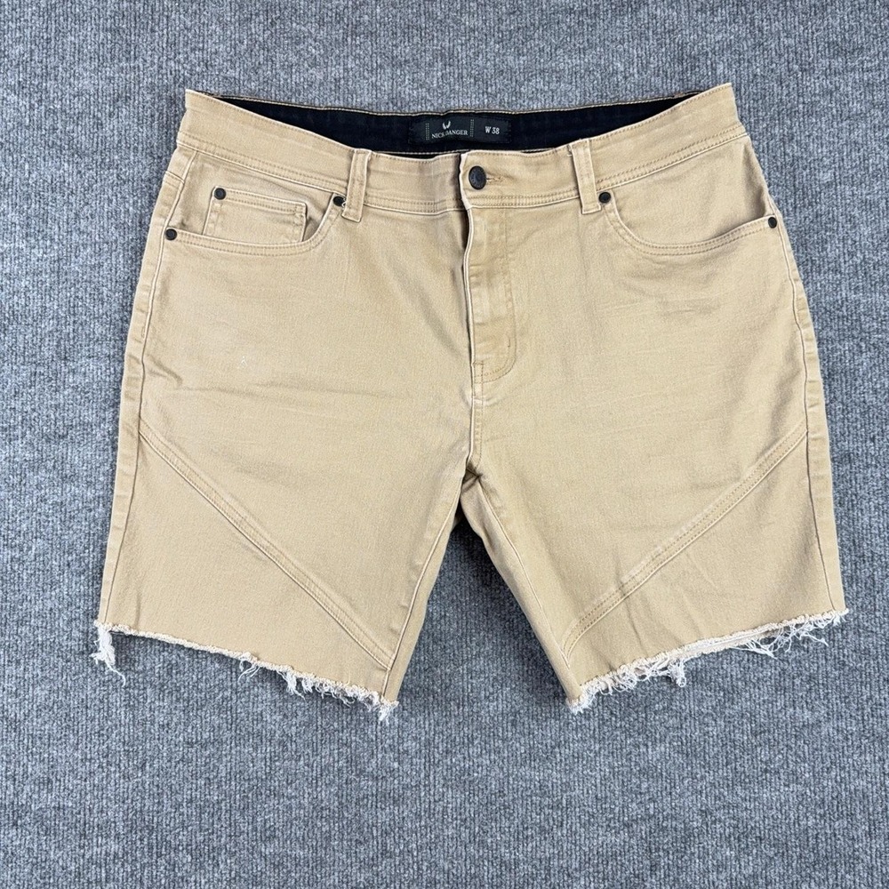 Nick Danger Shorts Mens 38 Beige Denim Biker 11 Inseam Stretch Raw Hem Casual
